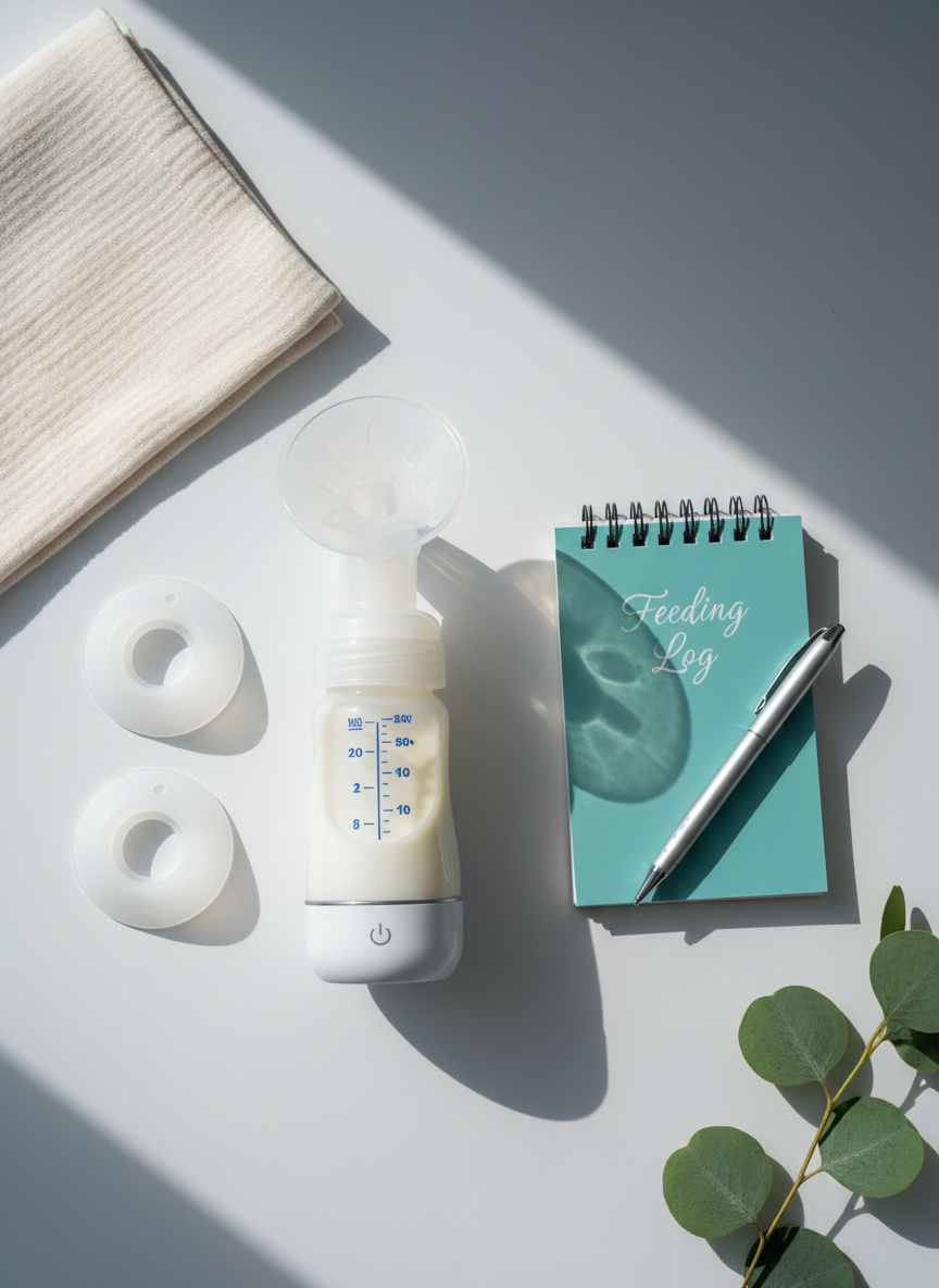 A close-up, photographic-realistic image of essential lactation care tools arranged with precision on a matte white tabletop: a sleek digital breast pump with a clear, graduated bottle partially filled with milk, silicone flanges with a soft satin finish, a small notebook labeled “Feeding Log” in teal, and a pen aligned parallel to its spine. A folded, textured cotton burp cloth and a sprig of fresh eucalyptus add gentle organic touches. Cool, diffused window light from the left creates soft reflections on the plastic and glass surfaces, with subtle shadows extending to the right. The composition is centered with a slight top-down angle, shallow depth of field, and a calm, clinical-yet-comforting mood that communicates organization, expertise, and attentive lactation support.