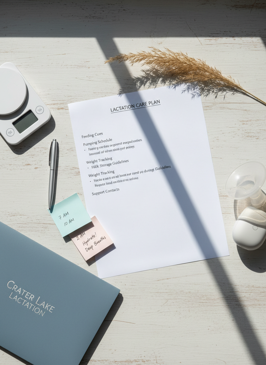 An elegant, minimalist flat lay illustrating a personalized lactation care plan: a printed care-plan document with tidy headings such as “Feeding Cues,” “Pumping Schedule,” and “Weight Tracking,” placed diagonally on a pale wood surface. Around it are a slim silver pen, a small digital scale, a discreet wearable breast pump in soft white, and pastel sticky notes with handwritten times and gentle reminders. A slender branch of dried grasses and a muted blue folder embossed with “Crater Lake Lactation” introduce a subtle brand presence. Cool morning window light from the top edge creates a clean, clinical clarity while maintaining warmth. Photographic realism, bird’s-eye view with ample negative space, reflecting professionalism, organization, and calm guidance for breastfeeding families in both virtual and in-home settings.