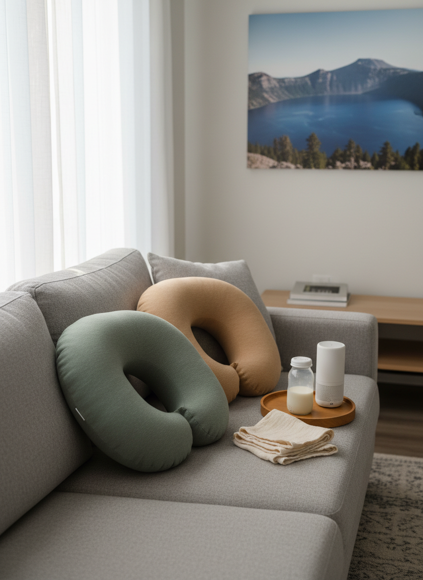 A pair of plush feeding pillows in soft heathered fabrics, one in muted sage green and the other in warm sand, resting on a neatly made light-gray sofa. Beside them, neatly folded muslin cloths, a small glass bottle of expressed milk on a round wooden tray, and a discreet white noise machine create a cozy nursing setup. Natural afternoon light filters through sheer curtains, casting gentle, diffuse highlights and barely-there shadows across the cushions. The background shows a tidy, modern living room in neutral tones with a subtle landscape photograph of Crater Lake on the wall. Photographic realism, shot from a slightly elevated angle using the rule of thirds, evokes a serene, welcoming, and non-clinical atmosphere ideal for in-home lactation care branding.