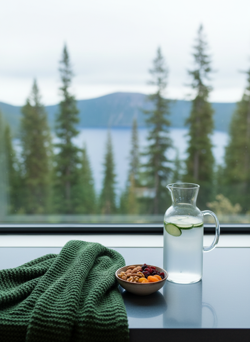 A tranquil Pacific Northwest–inspired branding scene: a frosted-glass water carafe filled with clear water and floating thin cucumber slices, standing beside a small bowl of mixed nuts and dried fruit on a smooth, slate-blue countertop. A soft, folded knitted throw in forest green drapes along the edge, evoking comfort during long feeding sessions. In the background, through a large window, a softly focused view of pine trees and a glimpse of a deep-blue lake suggest Crater Lake without being literal. Overcast daylight creates even, diffused illumination, with gentle reflections in the glass and subtle shadows. Photographic realism, shot at a slight angle with shallow depth of field, conveys hydration, nourishment, and a grounded sense of place in Klamath County, aligning with professional, nature-connected lactation care.