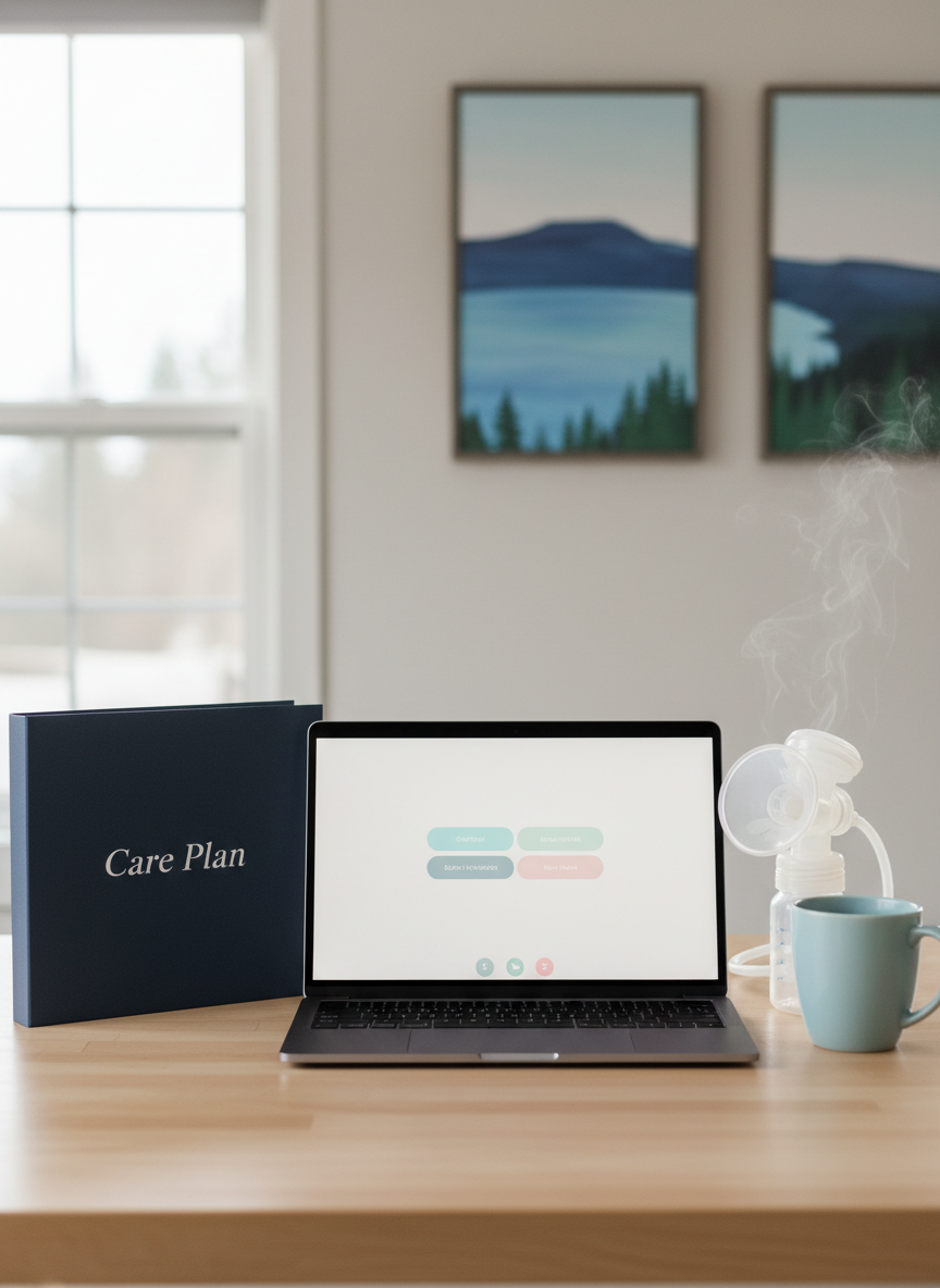 A neatly arranged lactation consultation workspace on a light maple desk, featuring an open laptop displaying a video call interface with muted pastel interface elements, a closed navy-blue client folder labeled “Care Plan,” a digital breast pump with smooth white and soft-gray components, and a ceramic mug of herbal tea releasing gentle steam. The scene is set near a large window with soft overcast daylight creating even, flattering illumination and delicate shadows. In the blurred background, a few framed minimalist prints of Crater Lake’s blue water and pine trees suggest the Oregon setting. Photographic realism, eye-level composition with a shallow depth of field focuses on the tools of care, conveying professionalism, calm reassurance, and modern virtual support for breastfeeding families.
