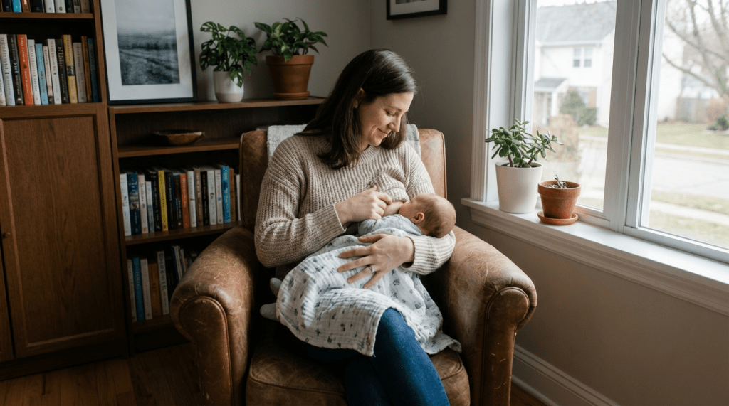 A woman breastfeeding her newborn baby while sitting in a leather armchair.